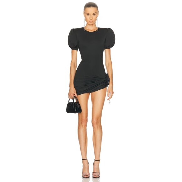 AREA Dresses & Skirts - AREA Crystal Crystal Flower Draped Short Sleeve Mini Dress in Black